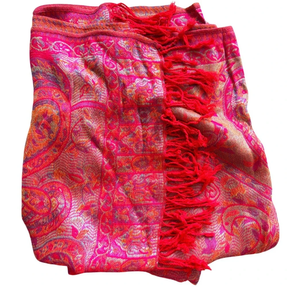 90% Cashmere 10% Silk Paisley Pashmina Shawl Scarf Pink Red Fringe
